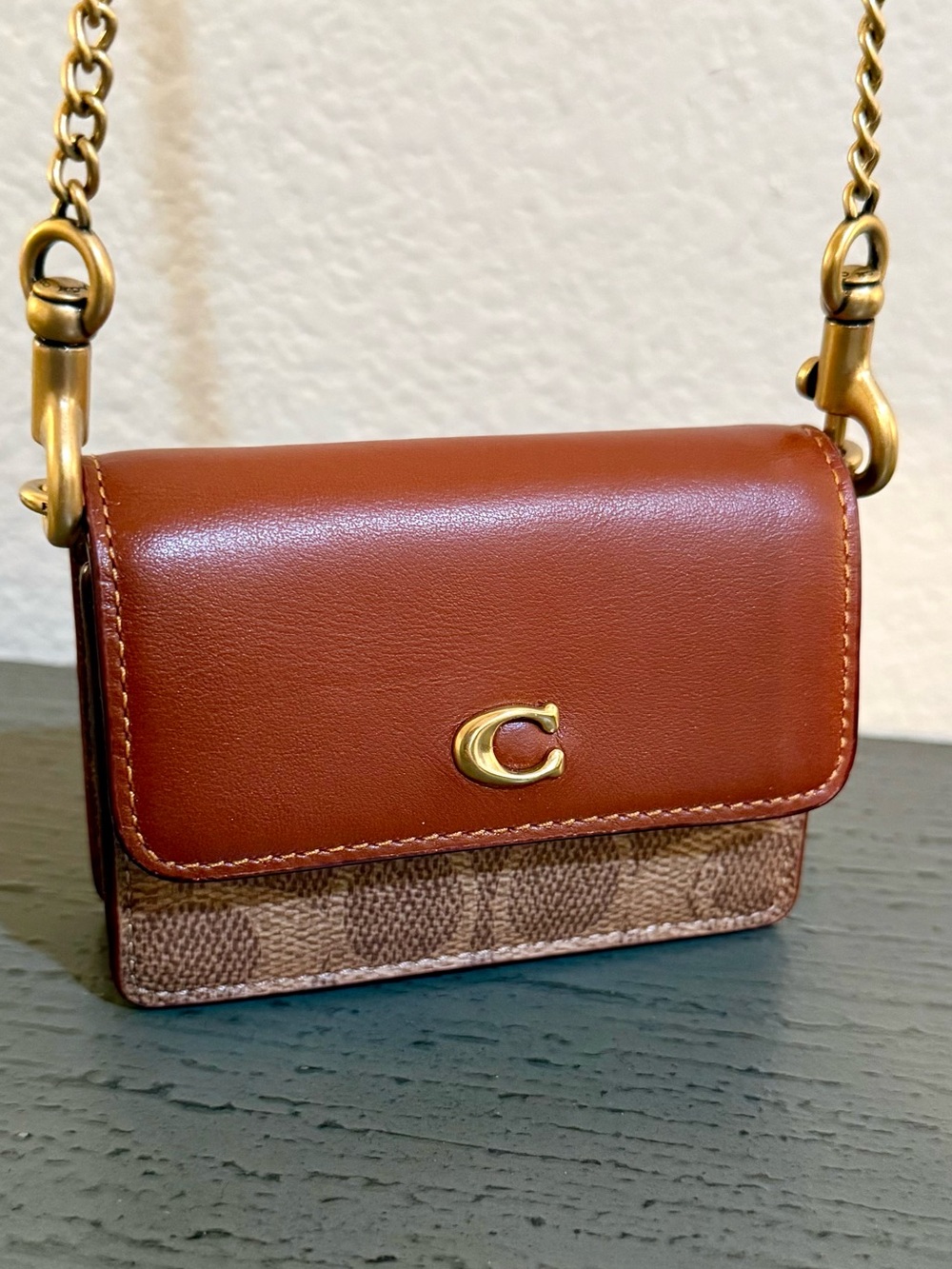 Coach Half Flap Card Case C7211 - Tan/Rust Signature Canvas Micro Crossbody
